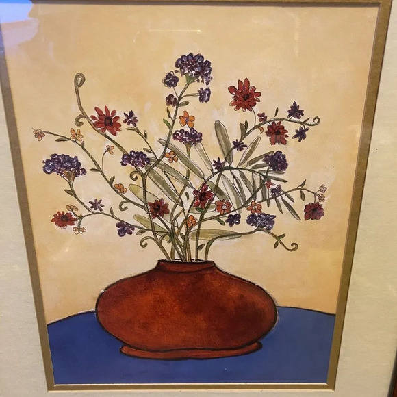 Old Vtg WATERCOLOR Art PAINTING ? FLORAL POT Wood Framed WALL HANGING 17”x20” - Picture 4 of 8
